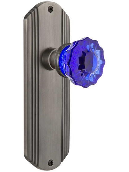 Streamline Deco Door Set with Colored Fluted Crystal Glass Knobs Cobalt Blue in Antique Pewter.